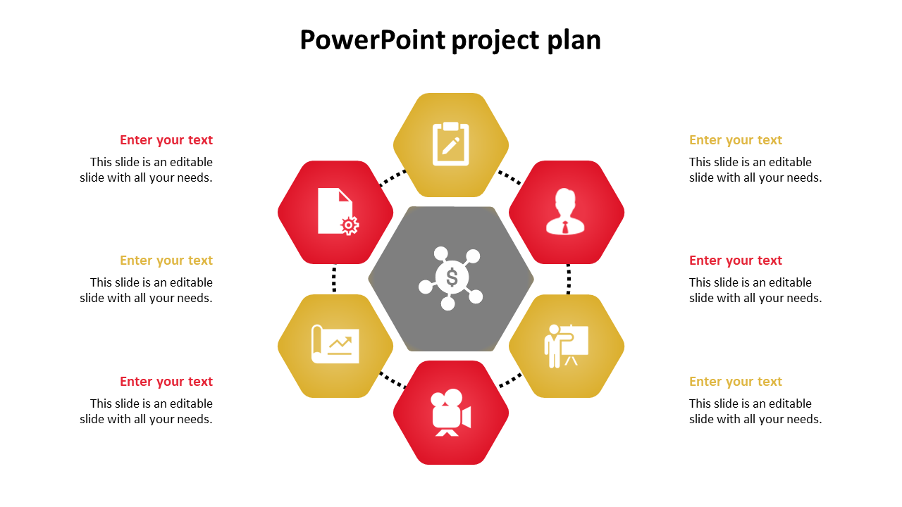 PowerPoint slide displaying a project plan with colorful hexagonal icons with placeholder text.