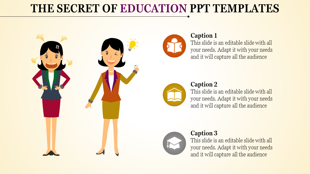 Education themed PPT slide featuring two cartoon characters and three captions with icons representing learning concepts.