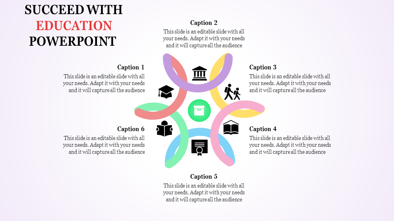 Education themed PowerPoint slide with a colorful circular diagram linking six captions with icons and captions.