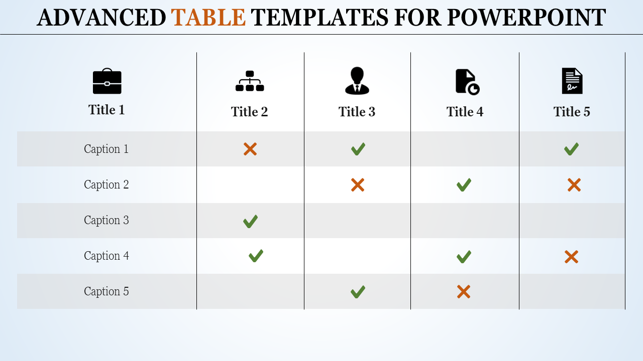 A table PowerPoint slide with five titles and corresponding check and cross marks for each caption.