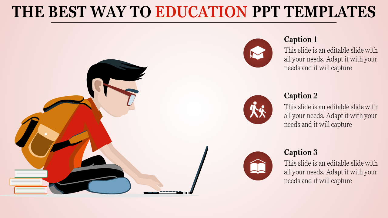 Education PowerPoint slide featuring a student with a backpack using a laptop, with three icons and captions on the right.