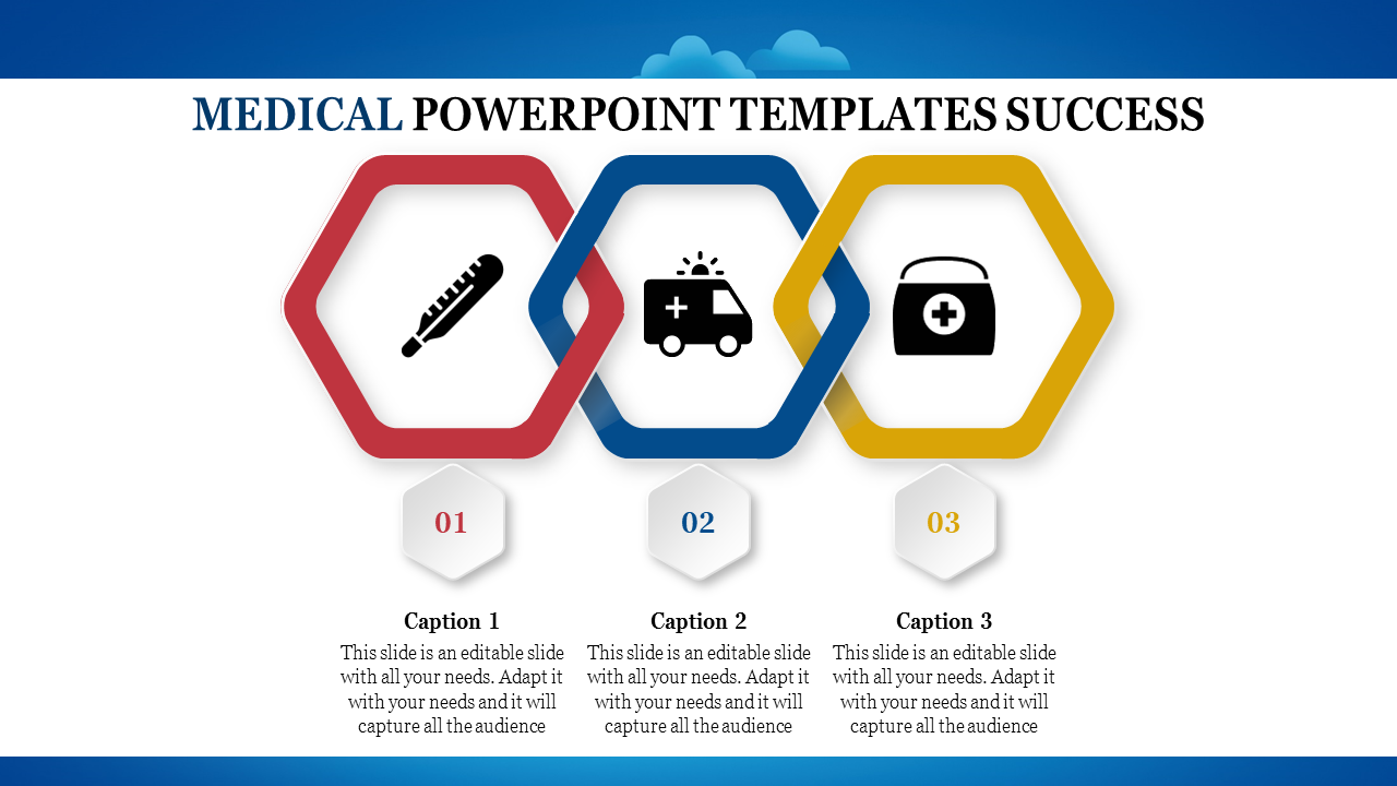 A medical PPT slide featuring hexagonal icons related to healthcare, including a thermometer, ambulance, and medical bag.