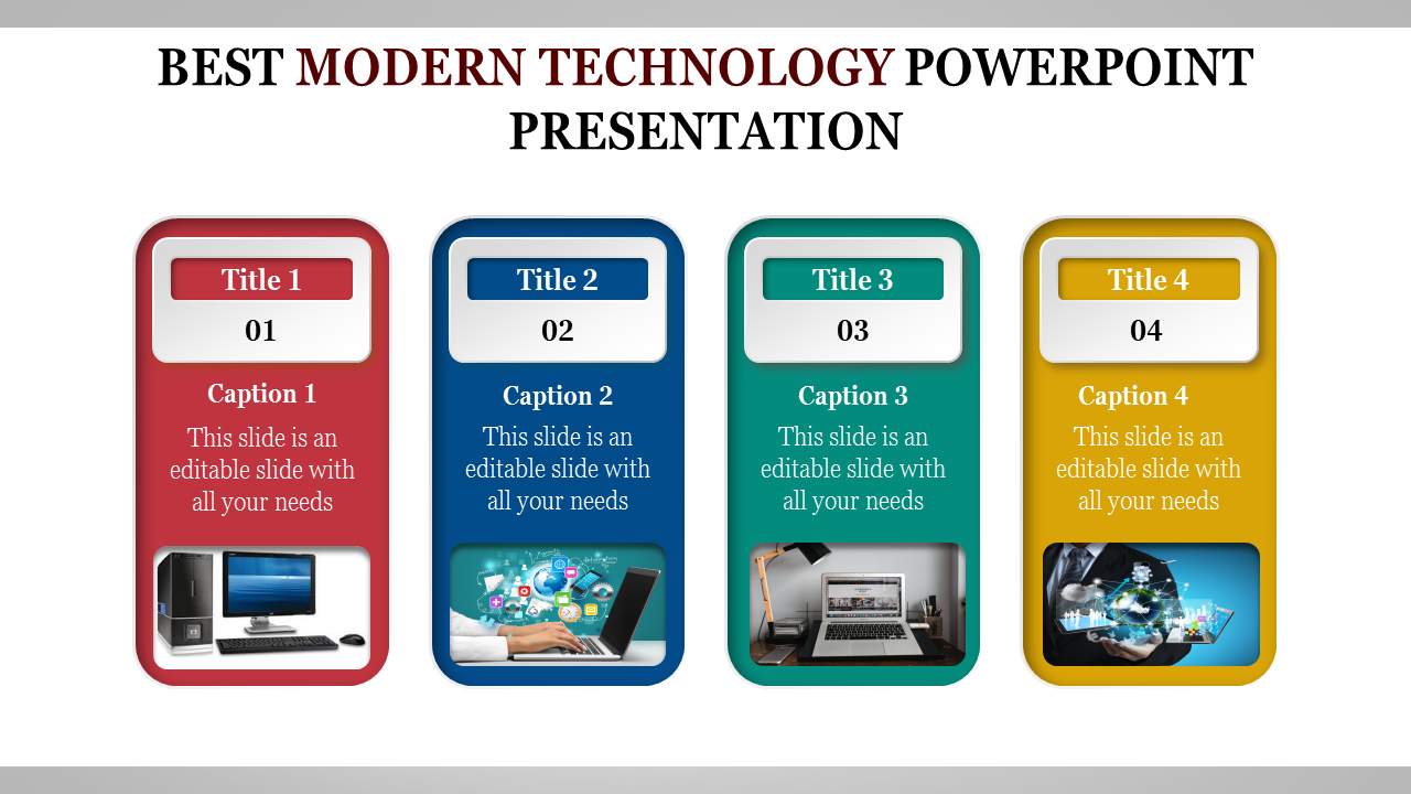 Four color-coded sections with text placeholders areas, each featuring a title, caption, and a modern technology image.