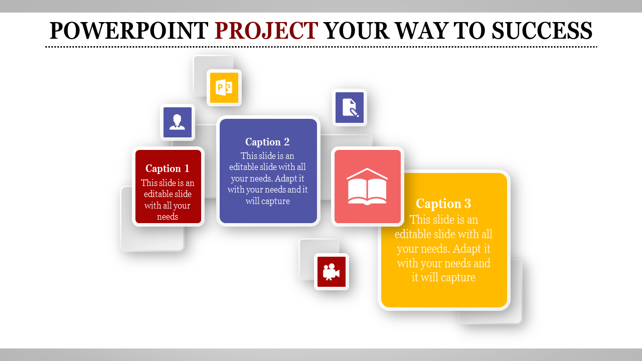 Slide with colorful rectangular blocks in red, blue, yellow, and pink, connected with icons in a layered layout.