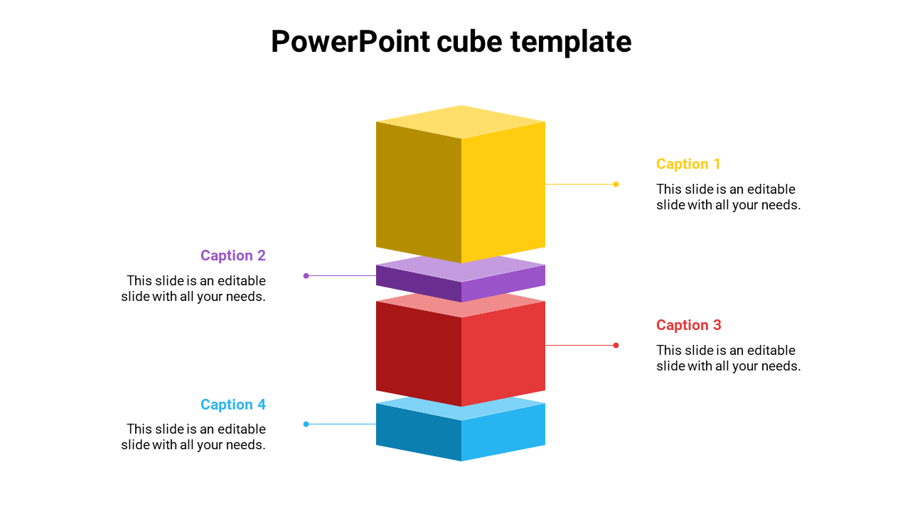 Stacked cube PowerPoint template with four colorful levels and captions for a layered design.