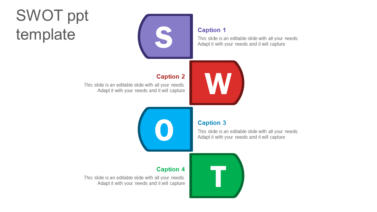 Creative SWOT slide showing a network of paths with numbered nodes and color-coded captions areas.