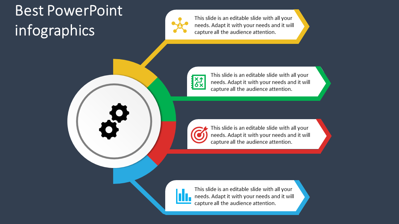 Infographic PowerPoint slide featuring colorful arrows and icons with captions.