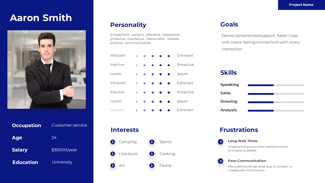 Portfolio slide displaying details about Aaron Smith, including his occupation, skills, and interests in a clean layout.