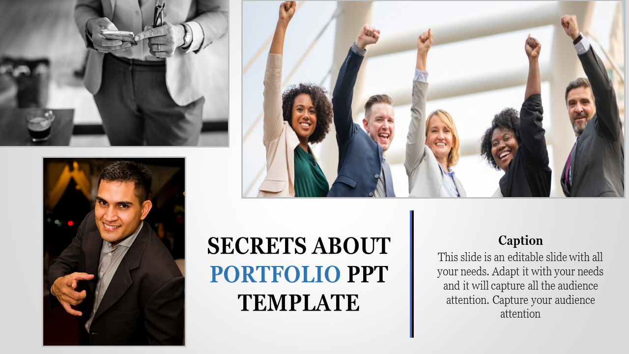 Portfolio PowerPoint template featuring a professional group celebrating and two additional images.