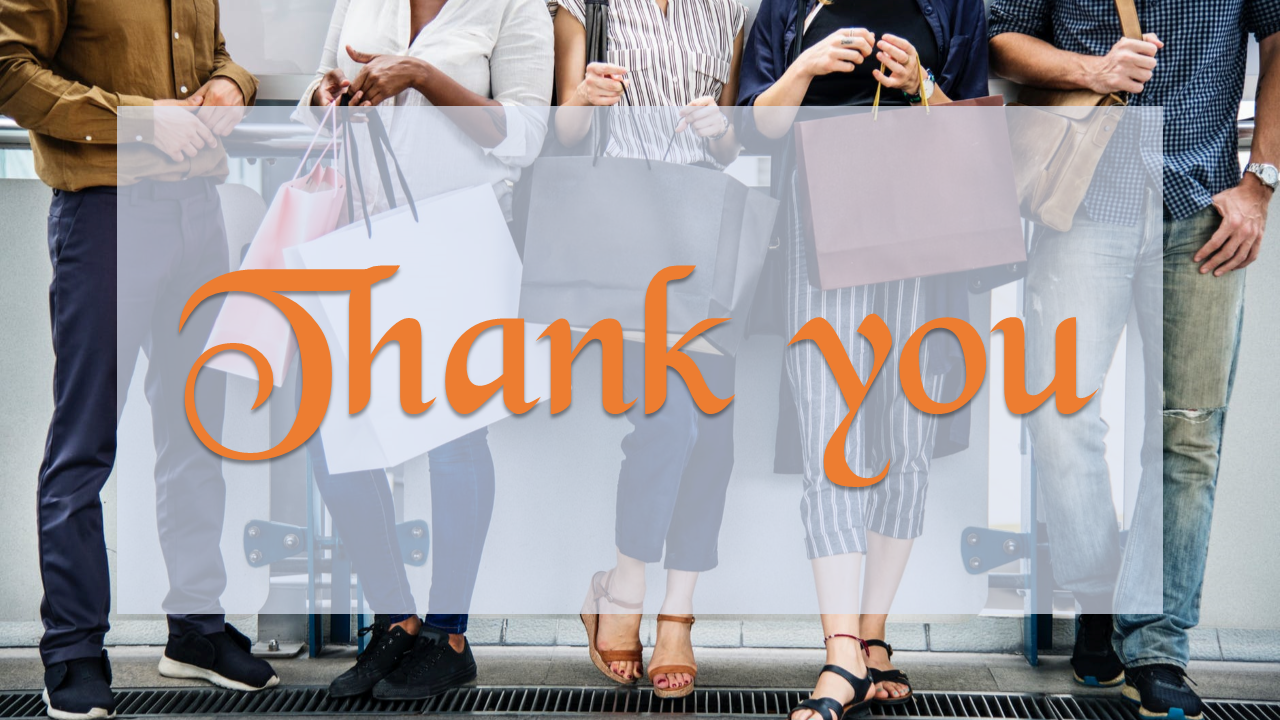 Five people standing with shopping bags, overlaid with a large thank you message in orange cursive font.