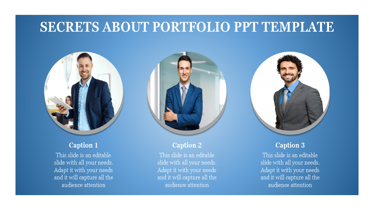 Portfolio PowerPoint template featuring three professional portraits with captions below on a blue theme.