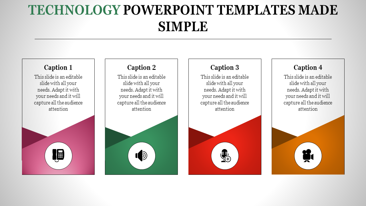 Technology template with four cards in pink, green, red, and orange, each with a unique icon and text.