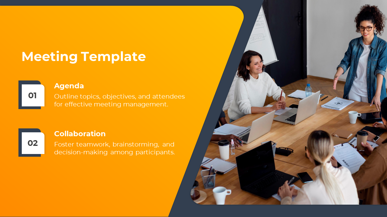 A meeting PPT template with highlighted topics agenda and collaboration, and a photo of a group brainstorming.