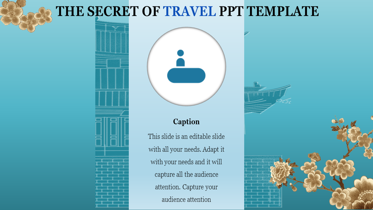 Blue travel template featuring a central icon in a circle, floral patterns, and a placeholder text areas.