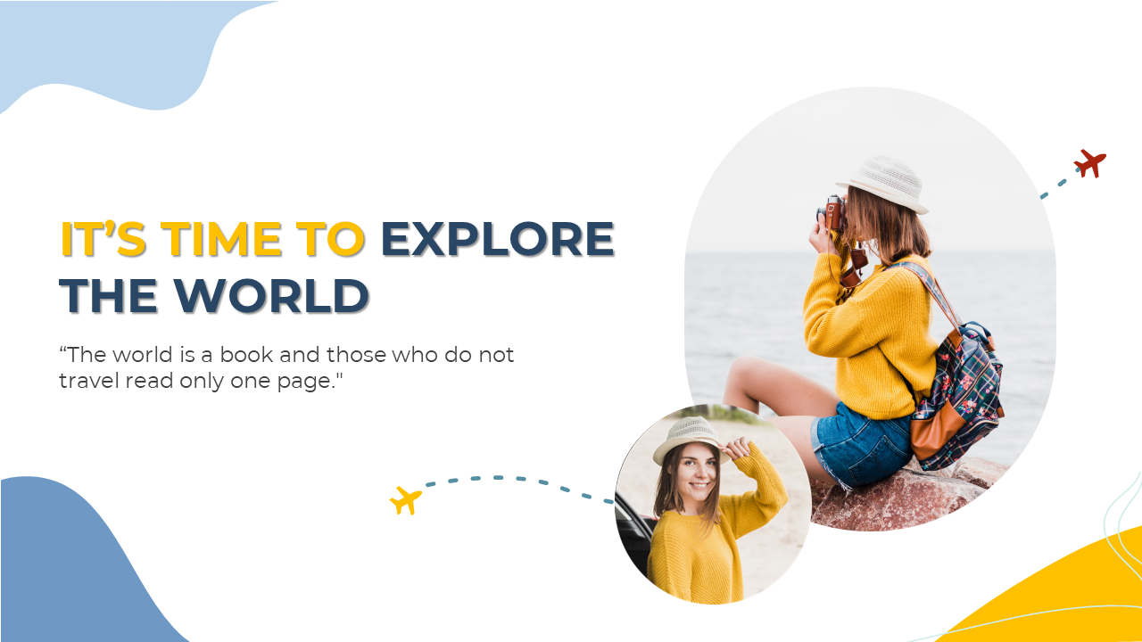 Travel-themed design with a woman featured in two circular images, one taking photos, and a motivational travel quote.