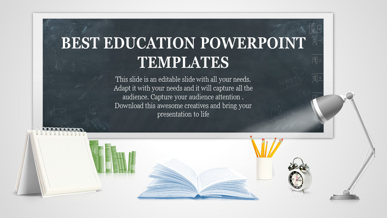 Education PowerPoint template with a chalkboard background and a desk setup featuring books, pencils, and a lamp.