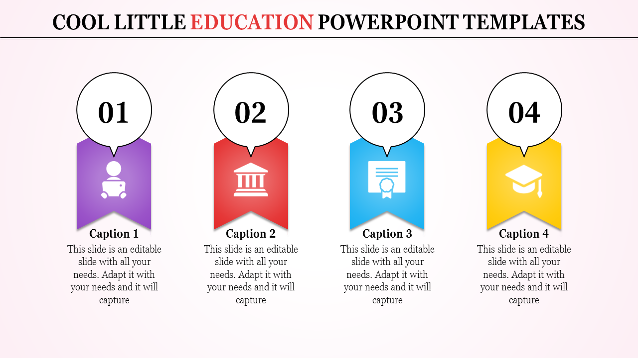 Colorful education themed PowerPoint template with four sections for captions.