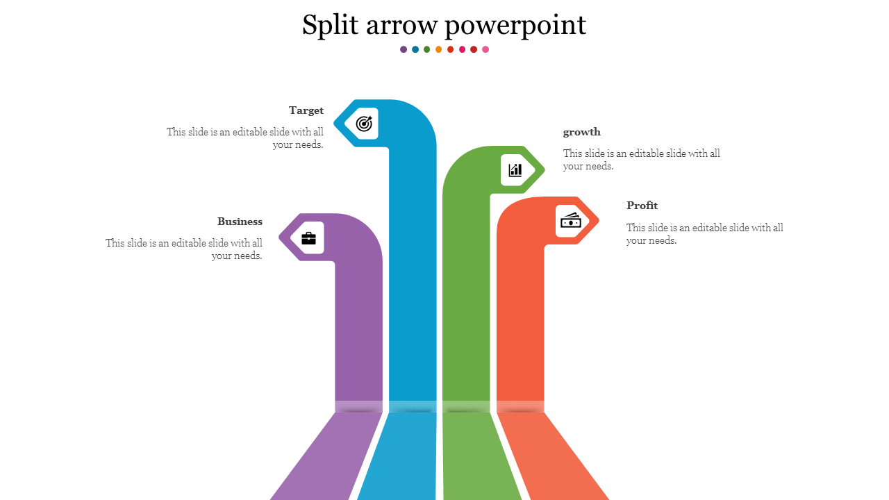 A slide with four arrows in purple, blue, green, and orange, each pointing to icons and representing business concepts.