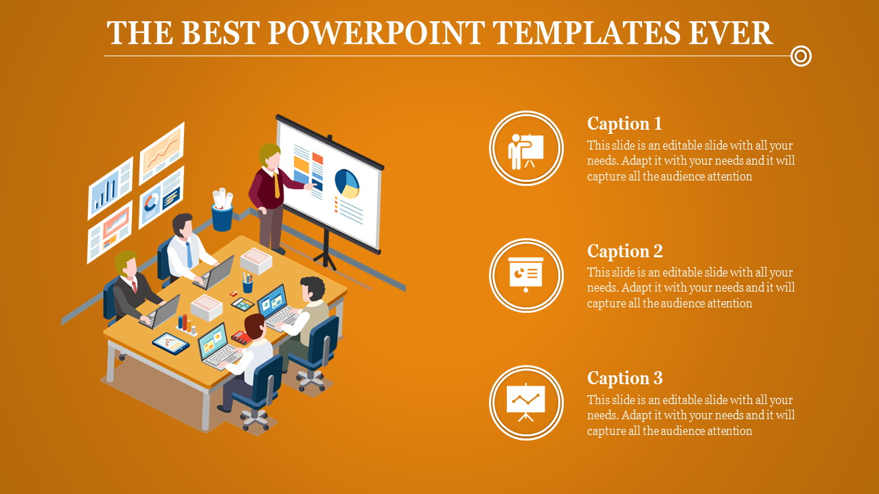 Business PowerPoint template showing a team working with laptops and charts during a meeting on an orange backdrop.