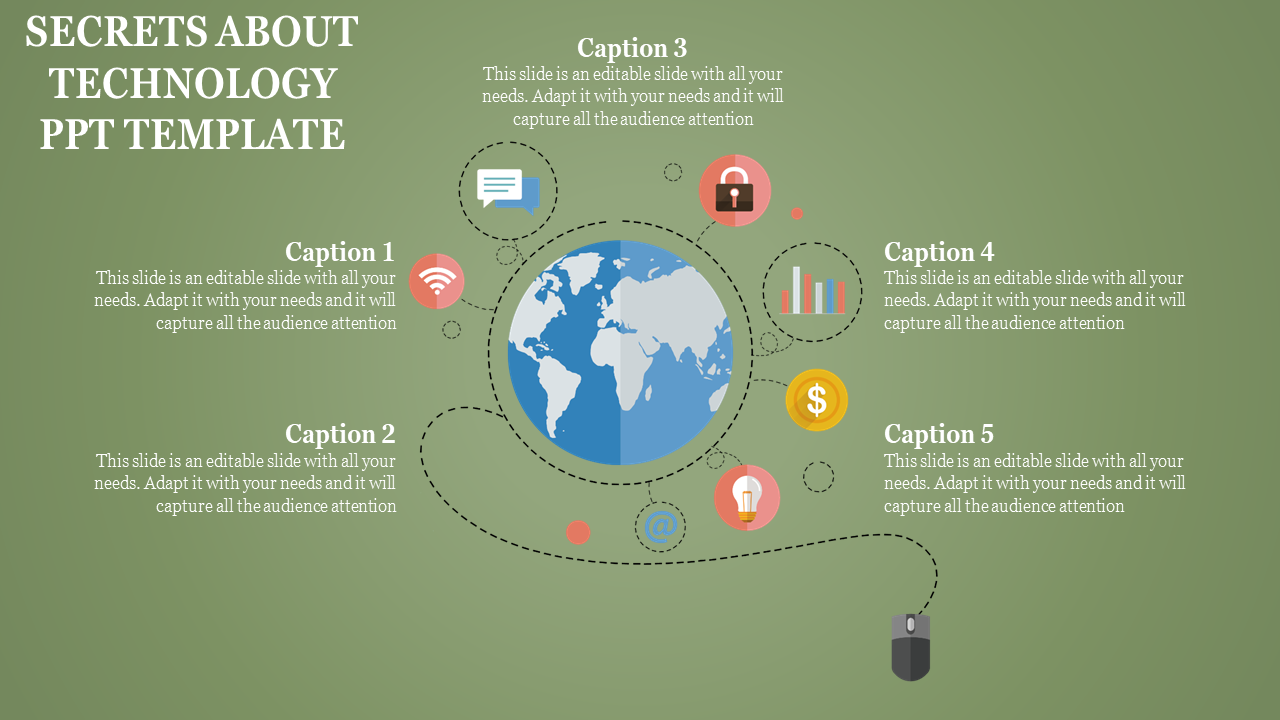 Slide with a green background featuring a globe in the center, surrounded by icons connected by dotted lines.