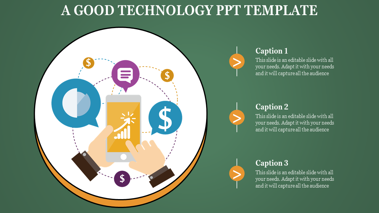 Technology PPT slide featuring a hand interacting with a smartphone surrounded by icons for communication and finance.