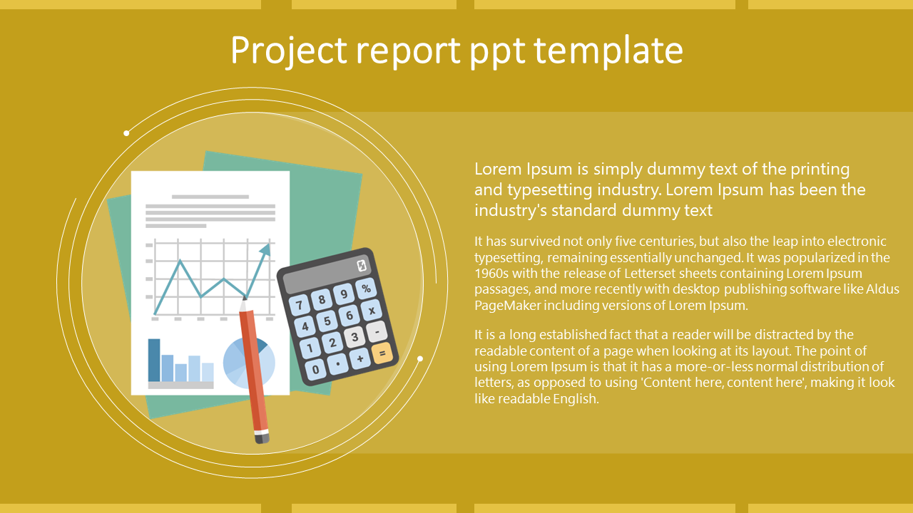 A project report with a graph, calculator, and pencil, placed next to placeholder text on a yellow background.