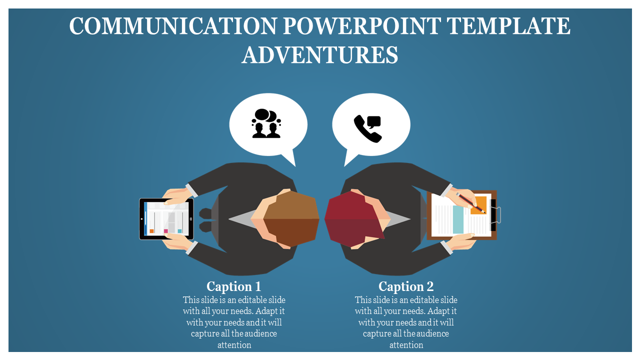 Communication PPT slide showing two individuals with speech bubbles, one using a tablet and the other writing on a clipboard.