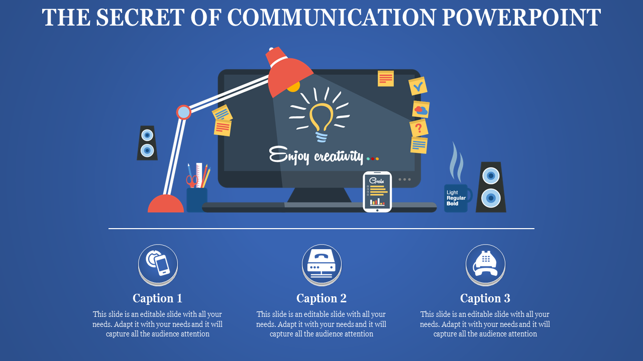 Creative communication slide with a desk setup illustration, including a computer, lamp, and sticky notes on a blue backdrop.