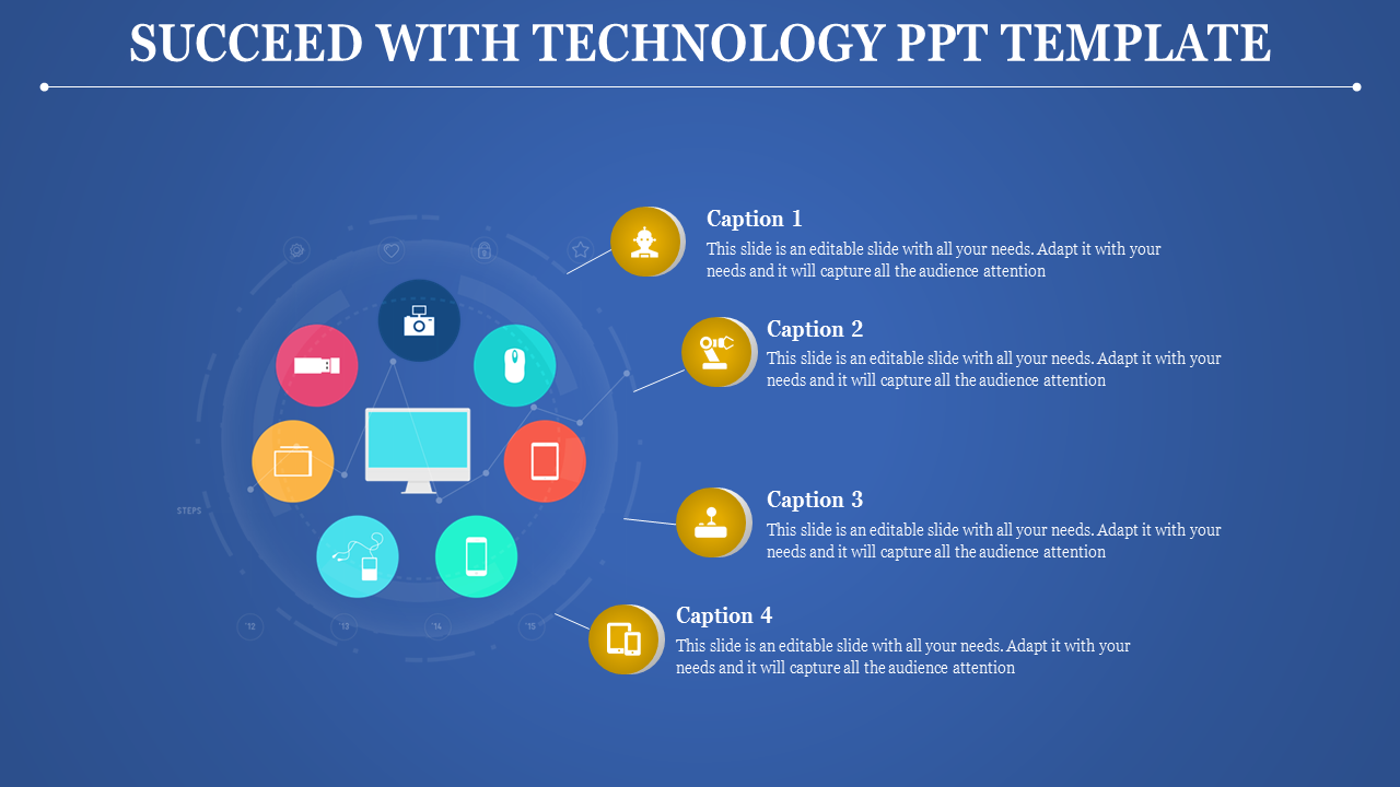 Technology themed PowerPoint template with icons representing various tech devices and steps in the process on a blue theme.