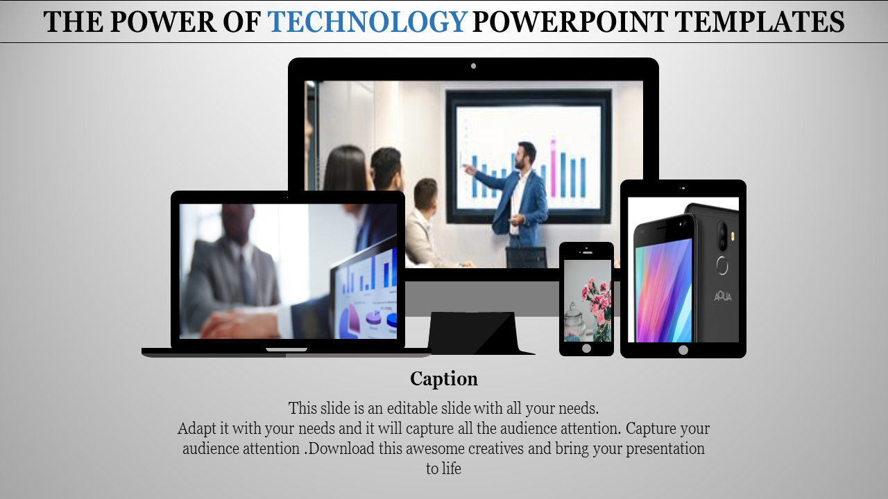 Technology PPT slide featuring multiple devices such as laptops, tablets, and smartphones with different types of content.