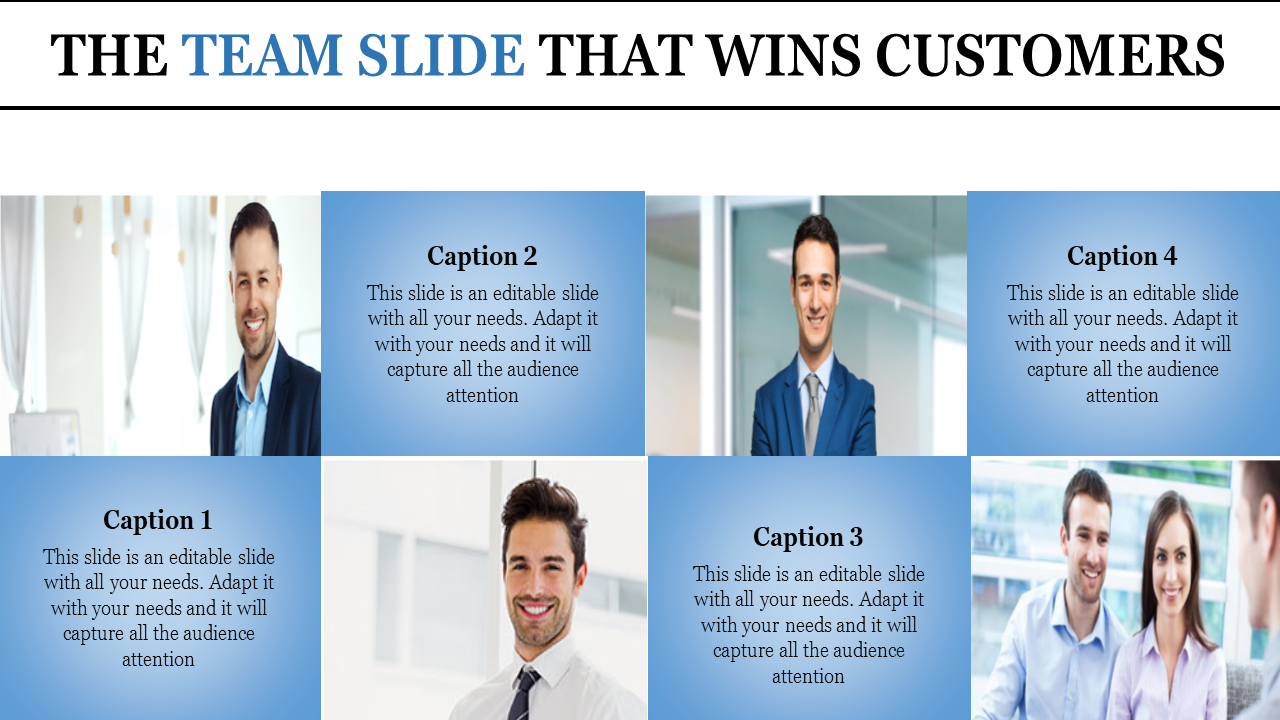 Team PowerPoint slide showcasing four professional individuals with captions.