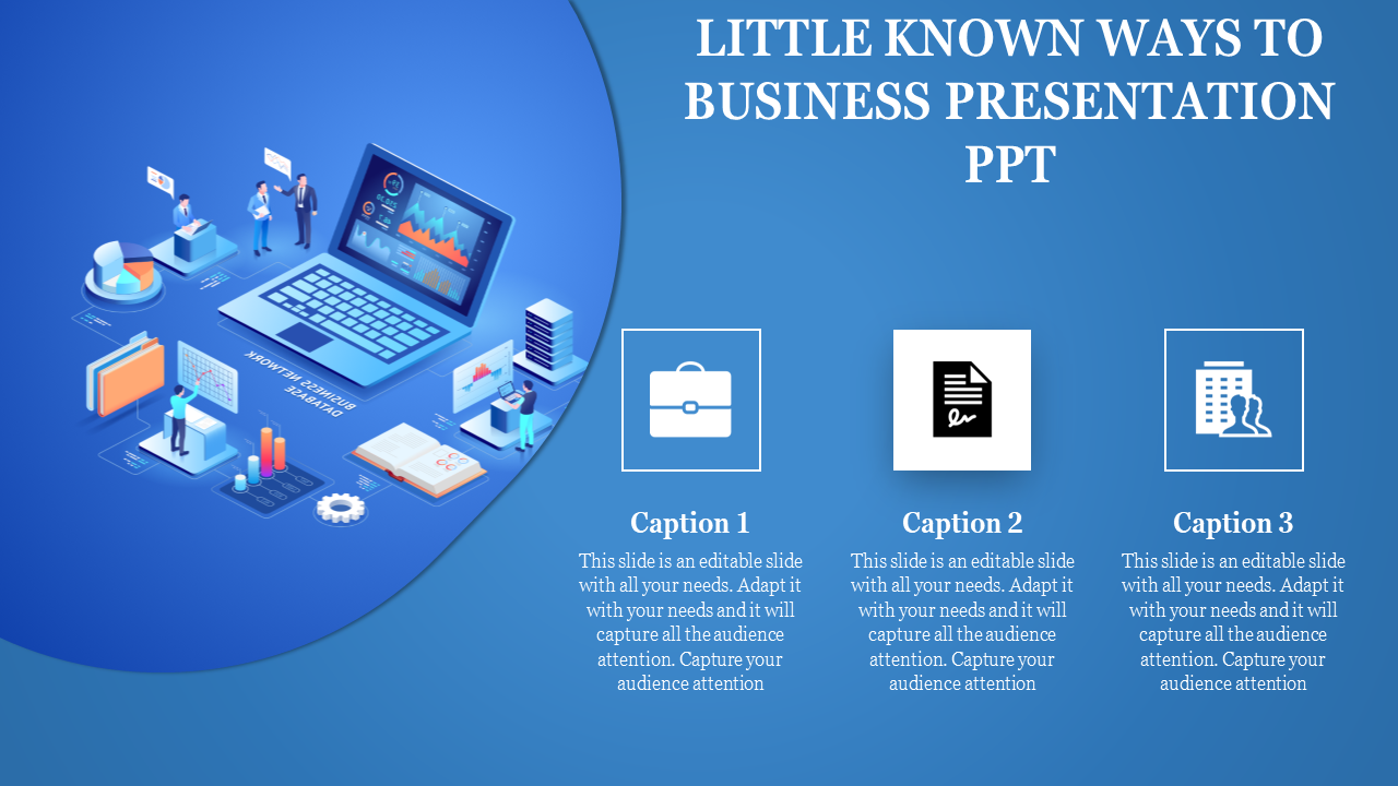 Business presentation template with a vibrant blue background, icons, and a laptop showcasing analytics and graphs.