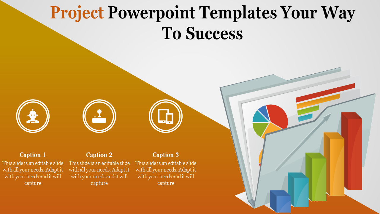 Project PowerPoint template featuring icons of a robot, a podium, and devices, alongside colorful charts and graphs.