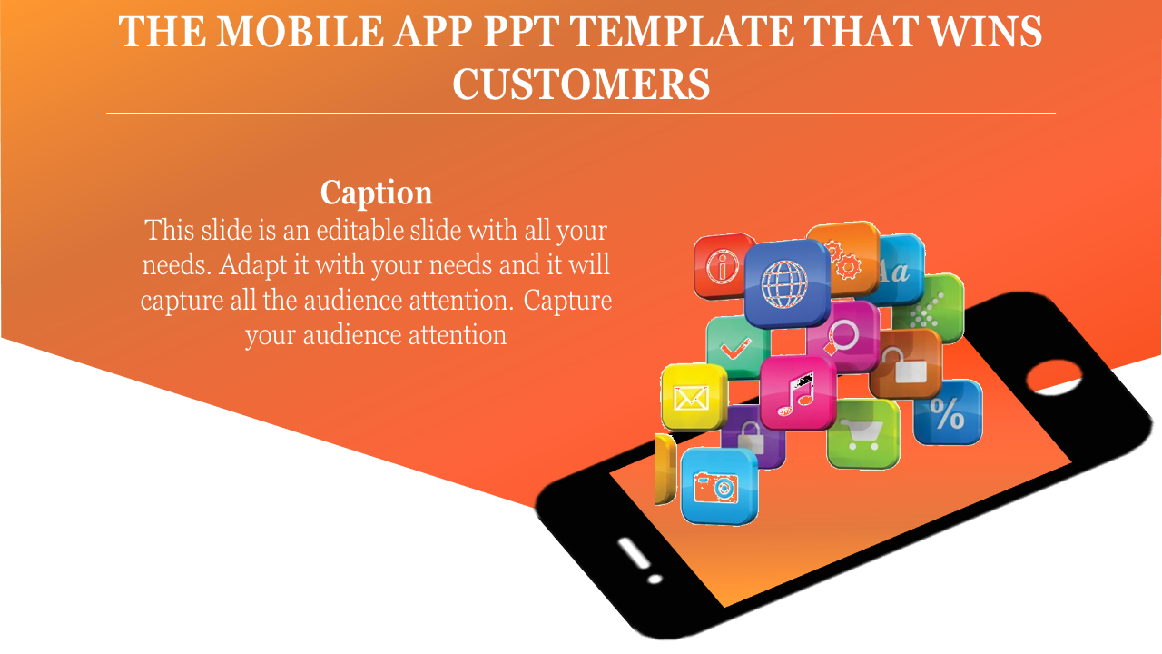 Mobile app template with floating app icons and a bold orange gradient background, emphasizing interactive design elements.