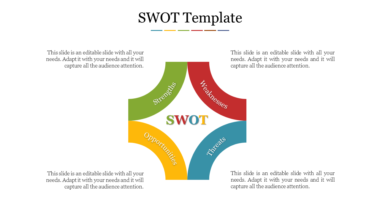 A visually segmented SWOT analysis template featuring strengths, weaknesses, opportunities, and threats in distinct colors.