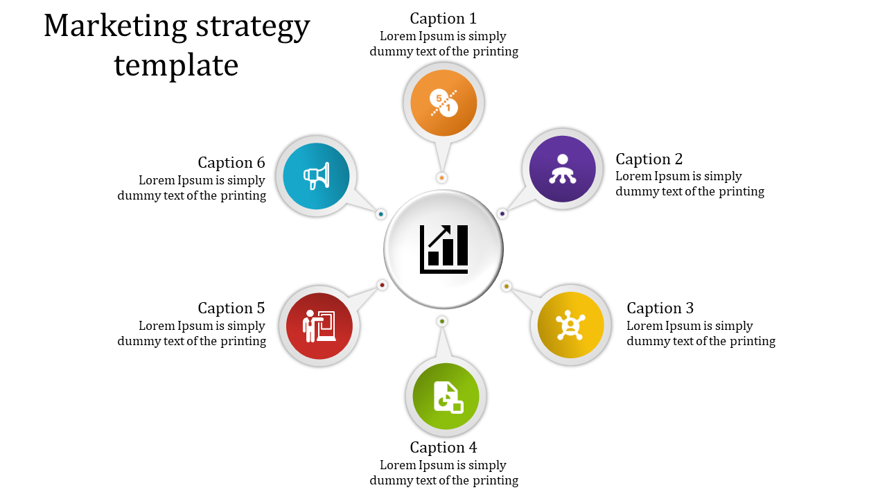 Circular layout with six colorful icons surrounding a central chart graphic, representing marketing strategy components.