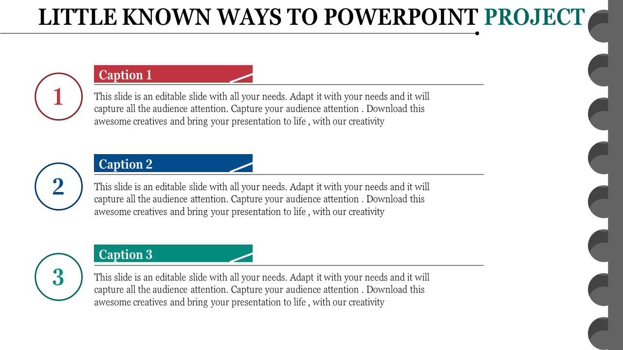 Three numbered list design with captions in red, blue, and green, aligned vertically with circular icons on the left.