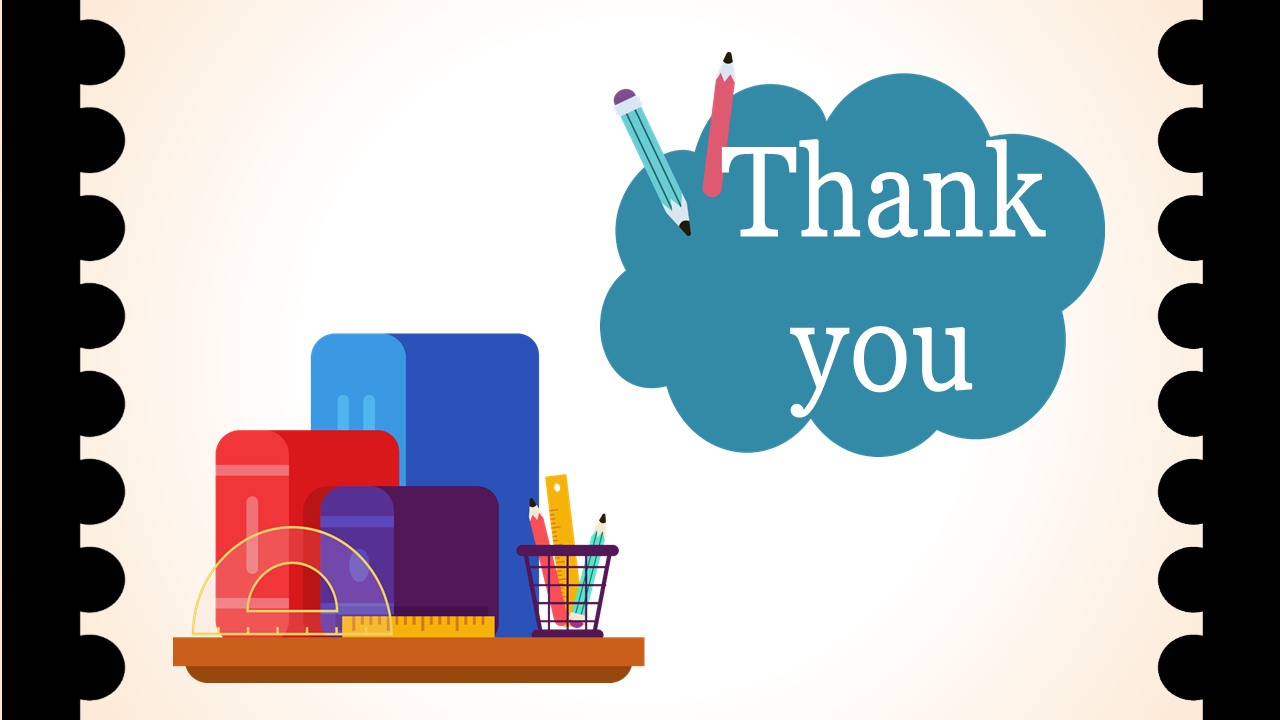 Thank you slide with a blue cloud shape, stationery items, and books on a beige background with black side borders.