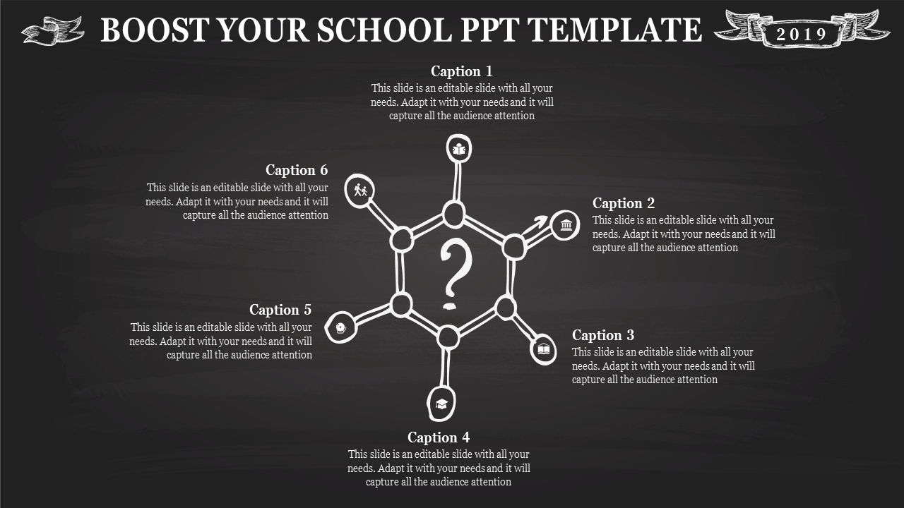 Dark themed school presentation template with a network diagram featuring six captions and central question mark.