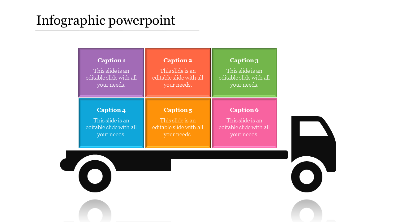 Infographic template showing a truck with stacked colorful boxes, each labeled with a placeholder caption.