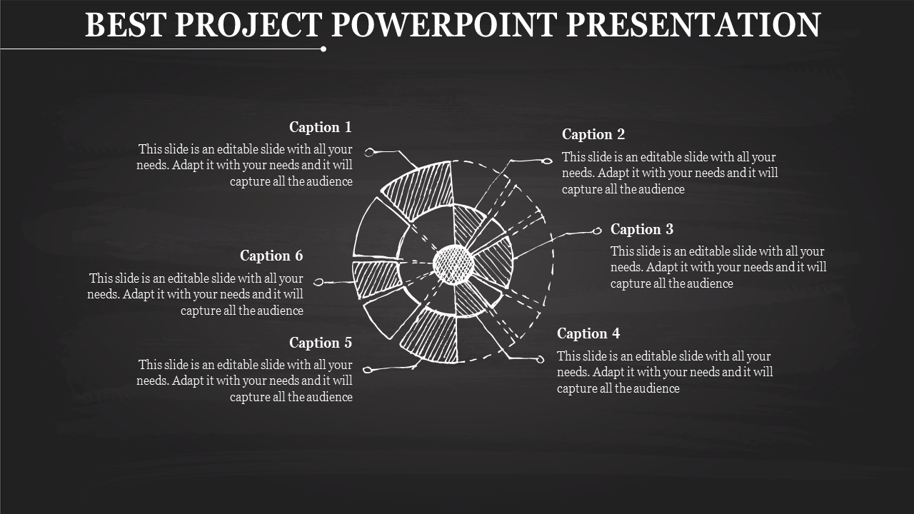 Chalkboard themed project PowerPoint template with a circular chart and six labeled captions for detailed insights.