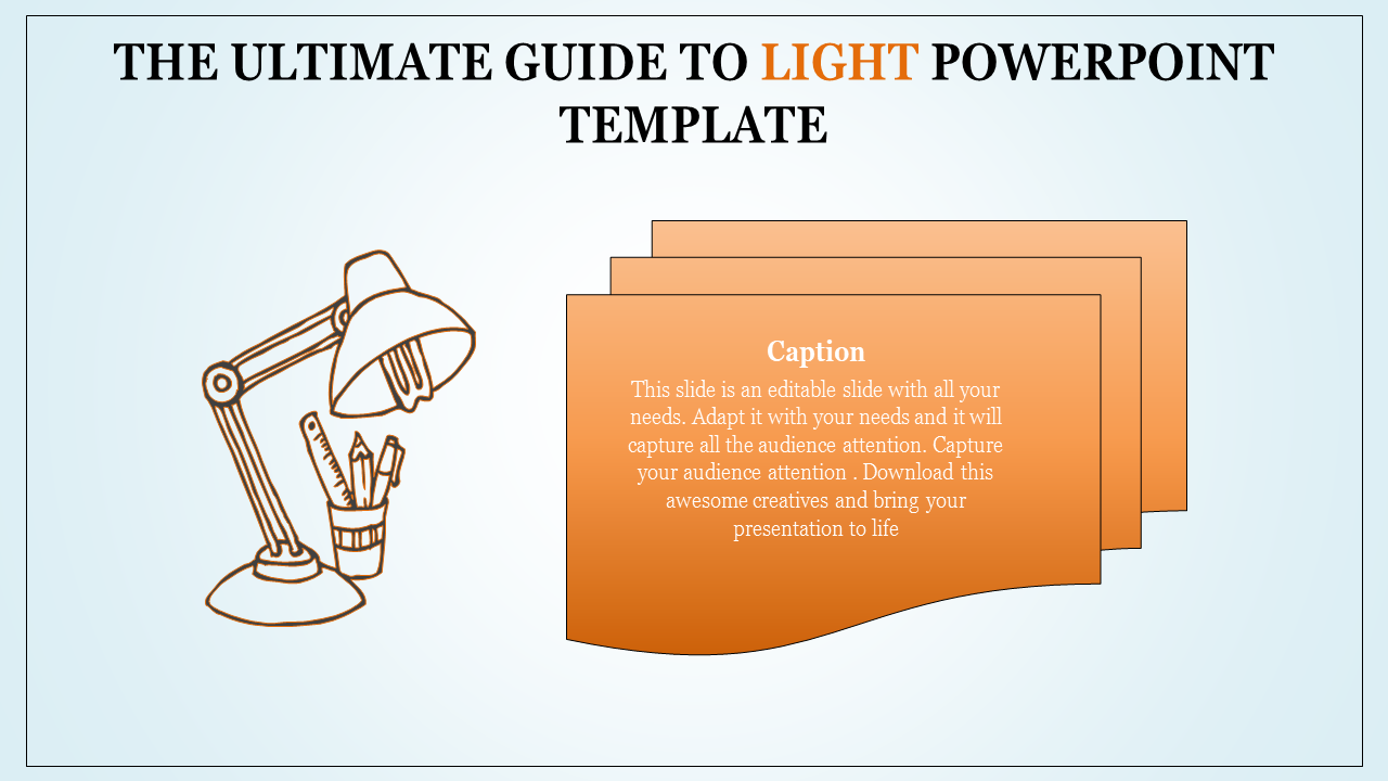 Illustrative desk lamp with orange text boxes, part of a light themed PowerPoint template design.