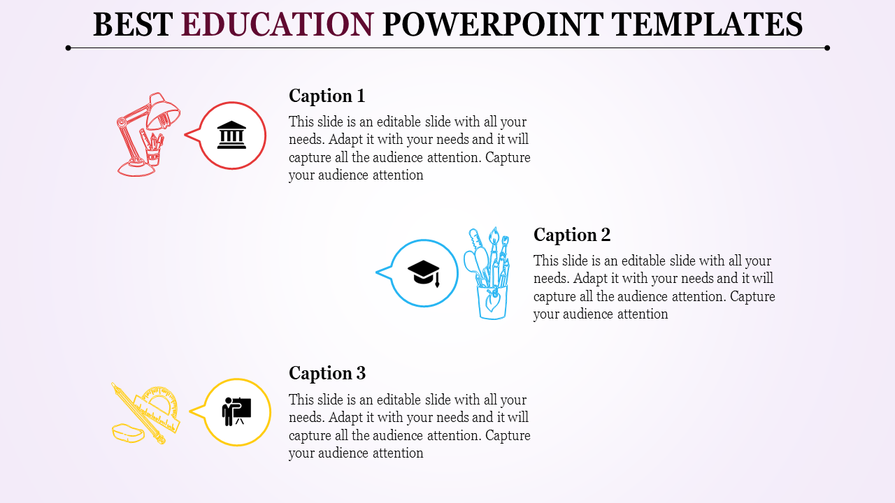 Educational PowerPoint template showcasing tools for learning with a modern, structured layout and colorful icons.