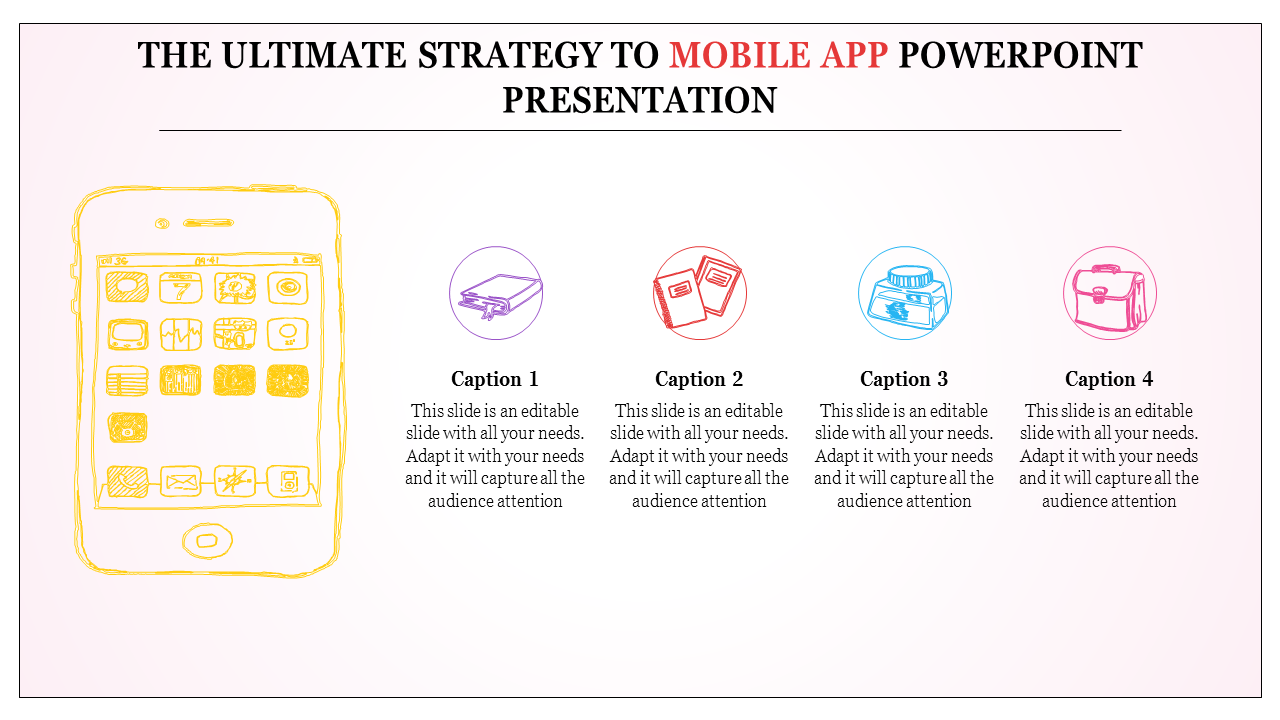 Yellow sketch of a smartphone on the left, with four circular icons in purple, red, blue, and pink with captions.