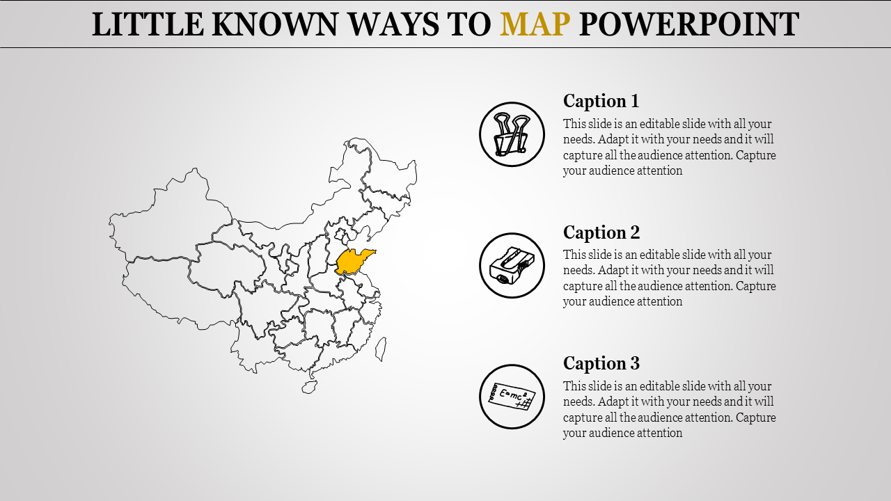 Slide design showcasing a map with a marked yellow area and three circular icons with captions on the right.