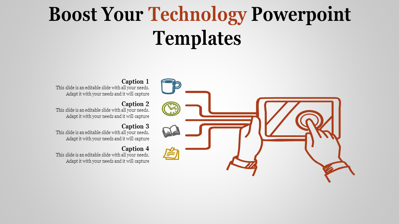 Interactive slide design featuring a hand tapping a tablet with icons connected to technology related captions.