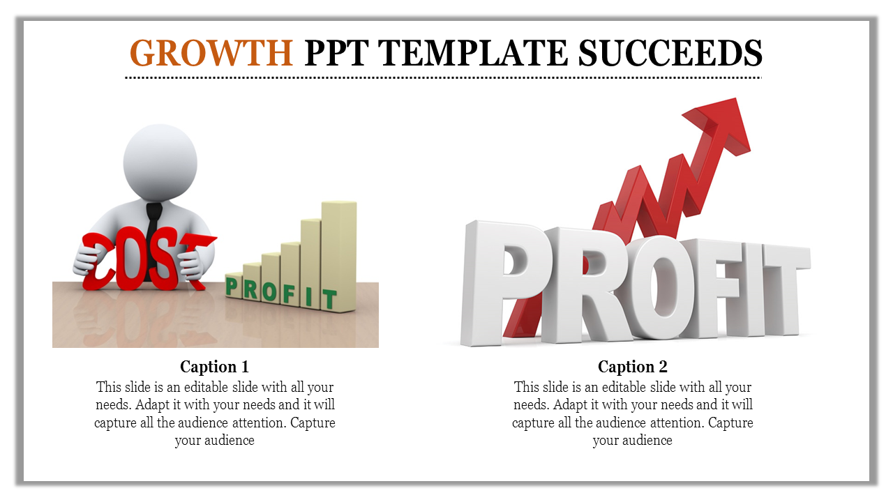 Growth PowerPoint slide shows a figure holding the word COST and a rising bar chart labeled PROFIT with captions.