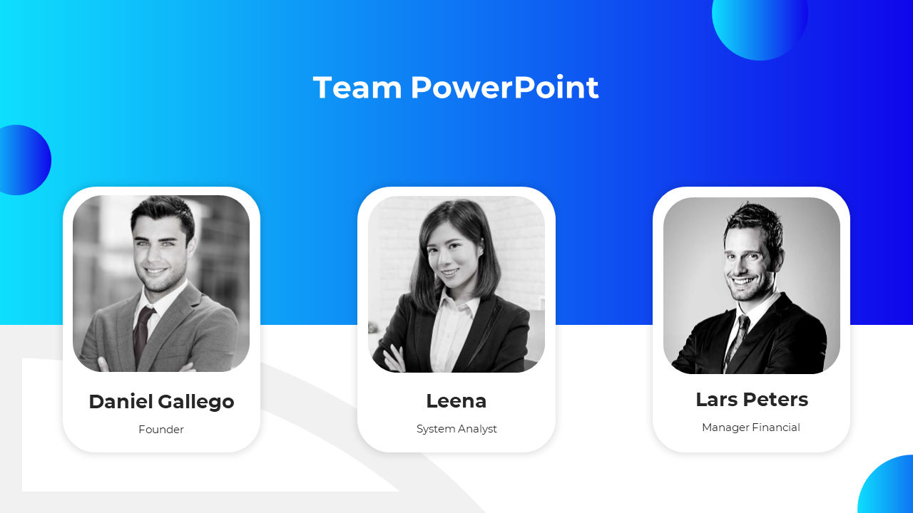 Team PPT slide featuring profiles of three team members with names, titles, and profile pictures on a blue background.