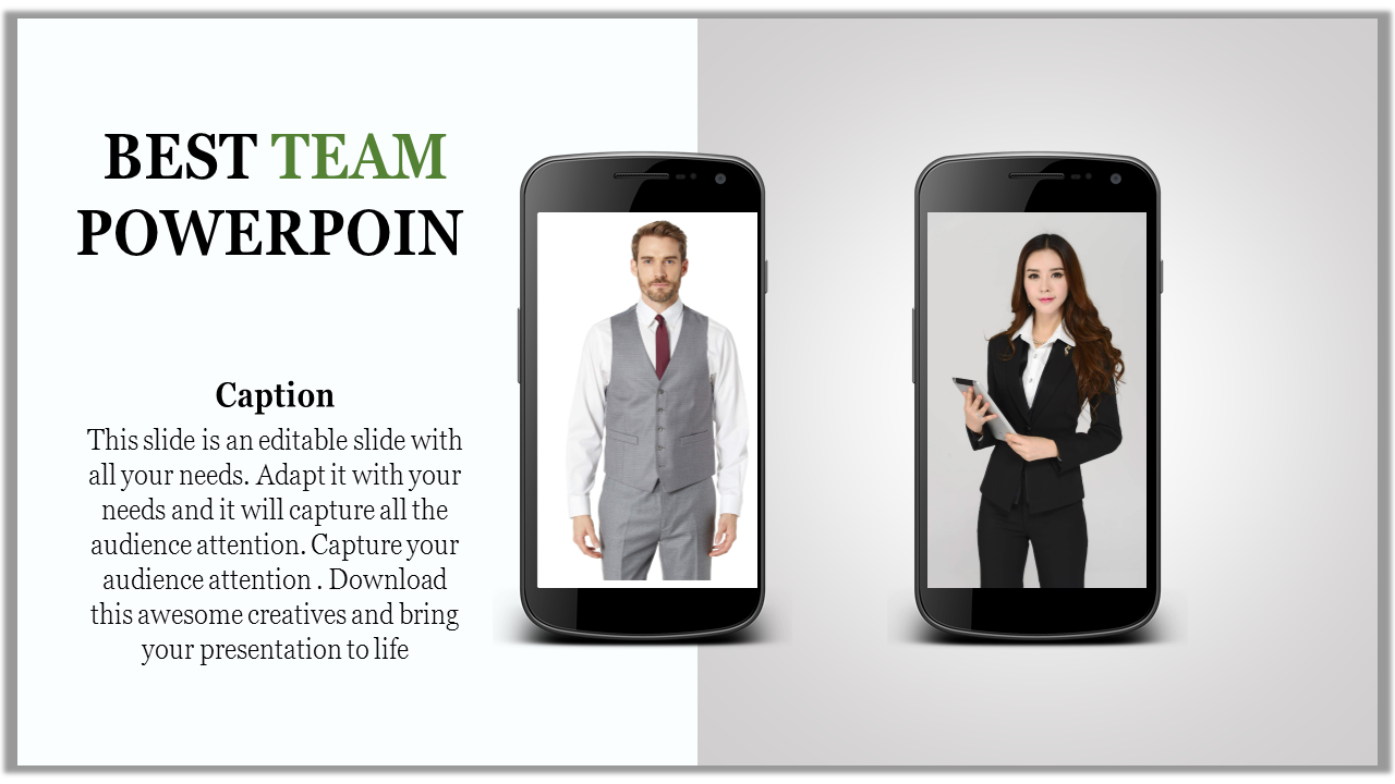 Team PowerPoint template featuring two professionals displayed on smartphone screens with caption.