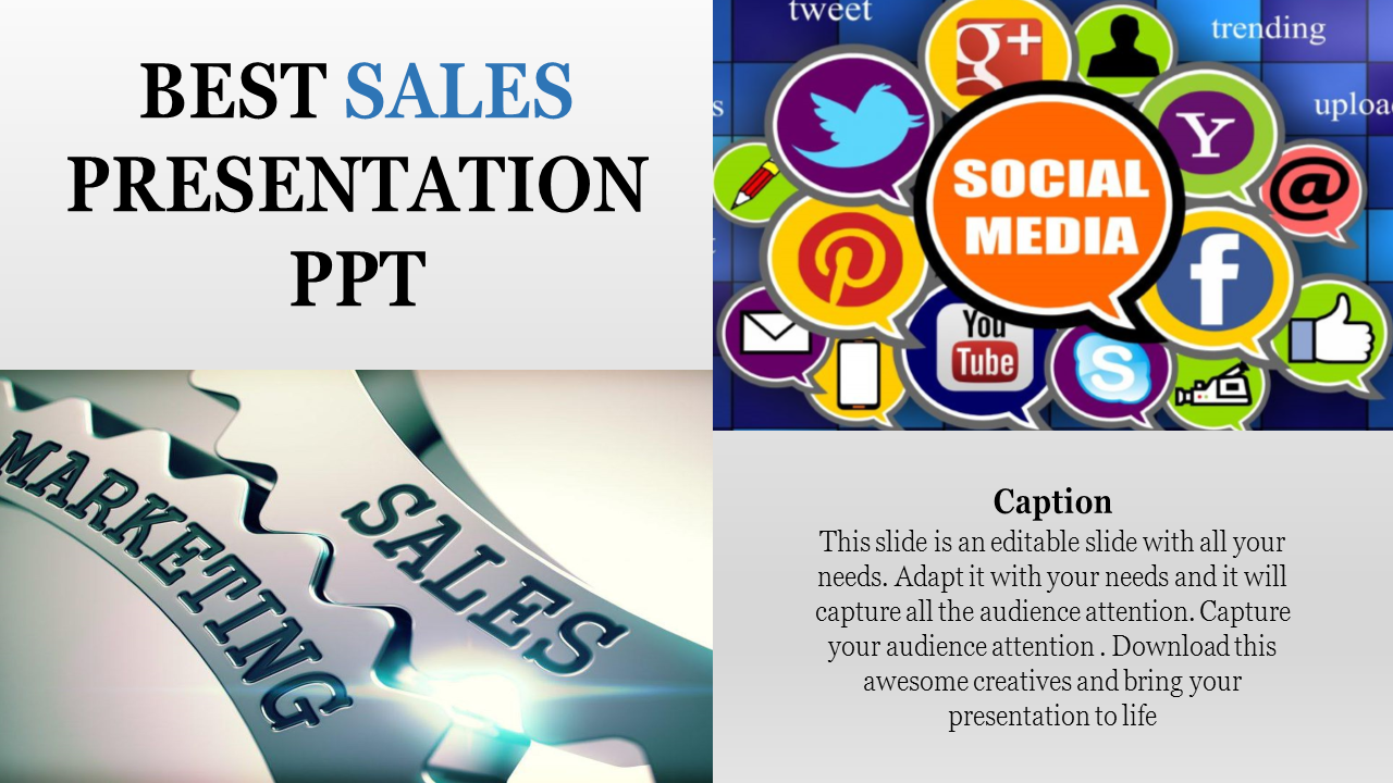 Sales presentation template with marketing gear image and social media icons with captions.